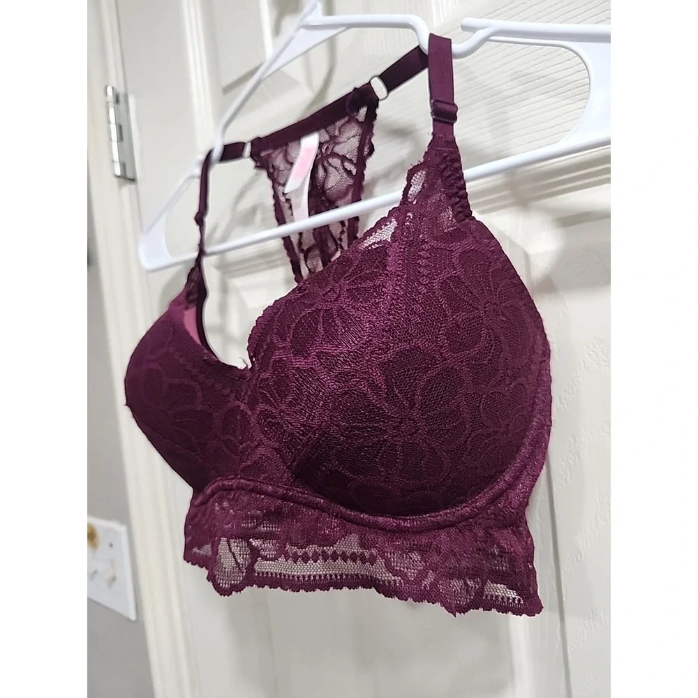 Victoria's‎ Secret PINK Push-up Pigeonnant Lace Underwire Bra Sz  S (D-DD) Wine